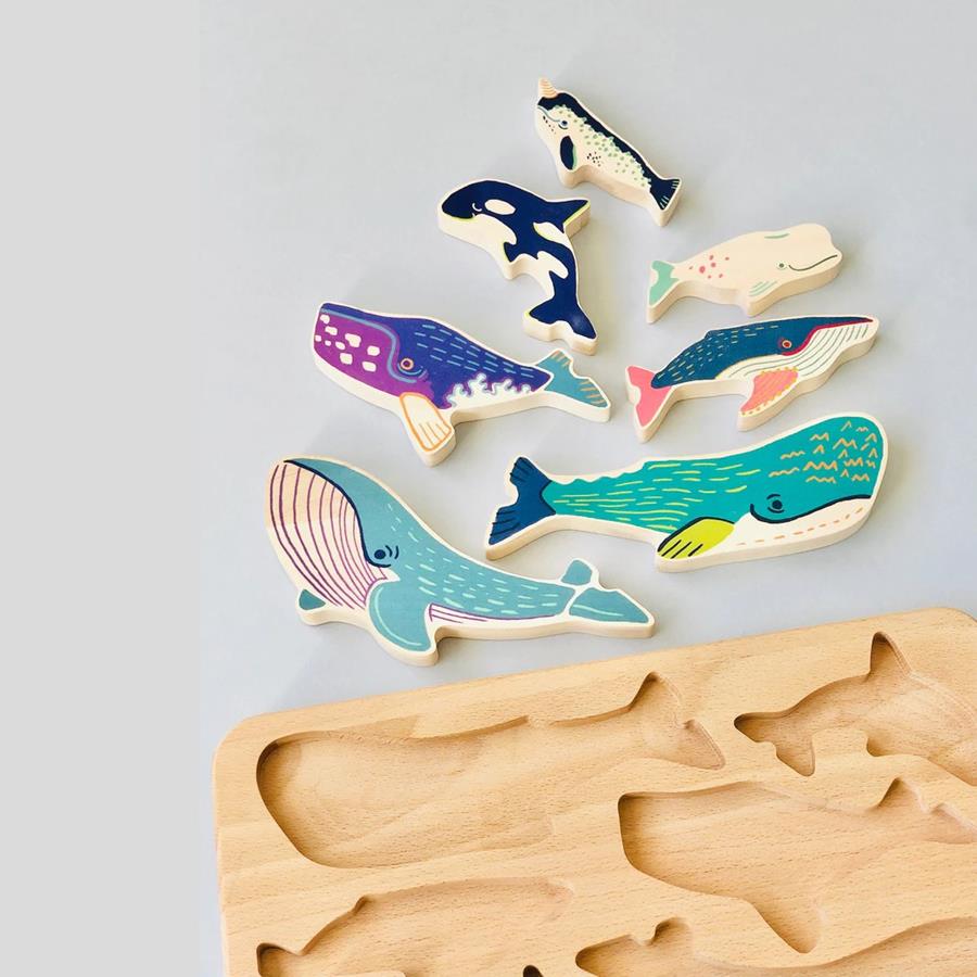 Familia de ballenas de madera | Bajo | Juguetes Montessori